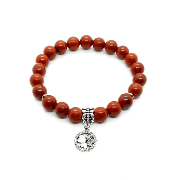 Handmade Red Jasper Crystal Beaded Bracelet With Silver Four Leaf Clover Charm
