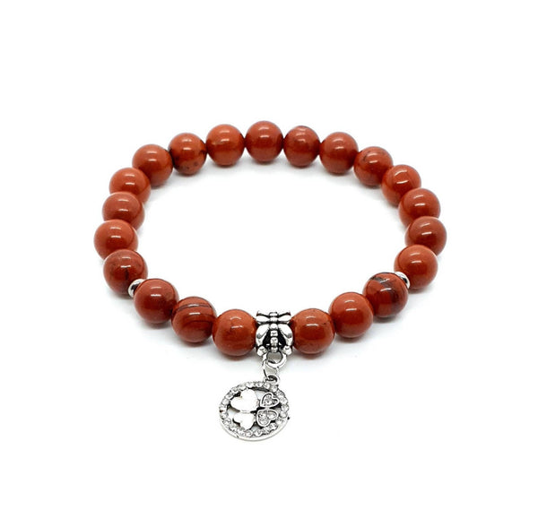 Handmade Red Jasper Crystal Beaded Bracelet With Silver Four Leaf Clover Charm