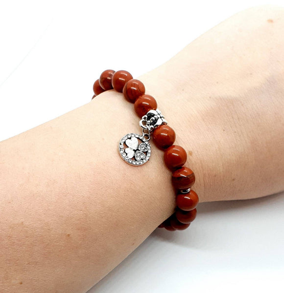 Handmade Red Jasper Crystal Beaded Bracelet With Silver Four Leaf Clover Charm