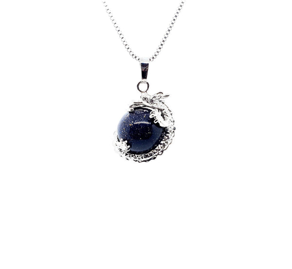 Sphere Blue Goldstone Crystal Necklace Pendant With Silver Dragon