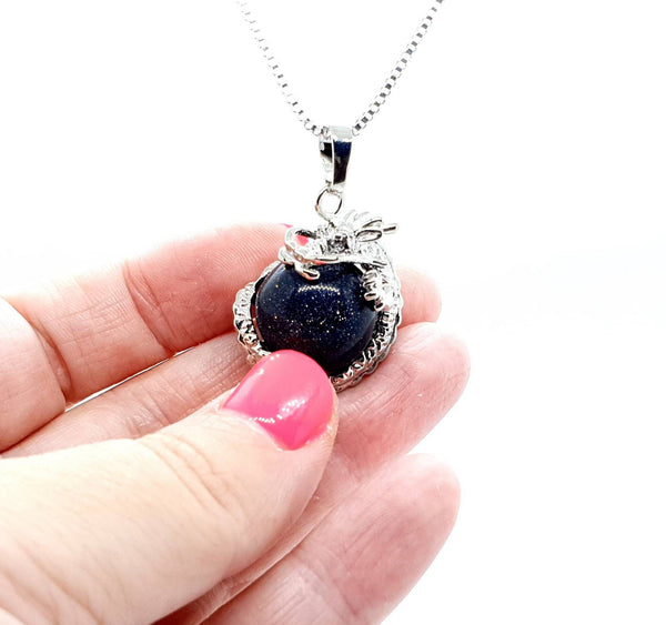 Sphere Blue Goldstone Crystal Necklace Pendant With Silver Dragon