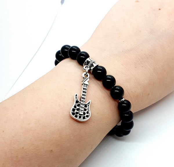 Black Beaded Bracelet With Guitar | Queebo