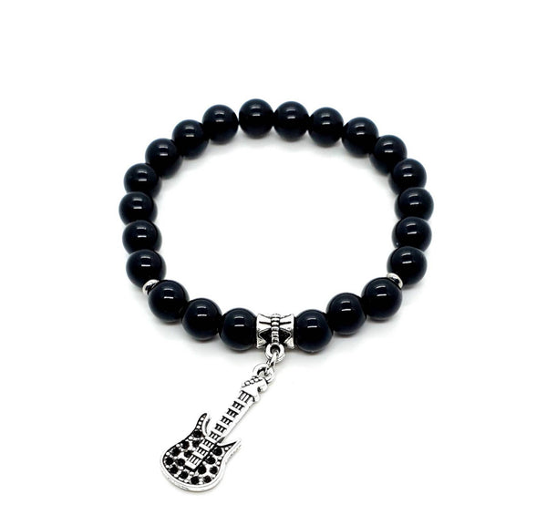 Black Beaded Bracelet With Guitar | Queebo