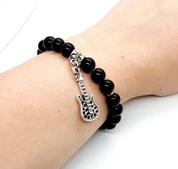 Black Beaded Bracelet With Guitar | Queebo