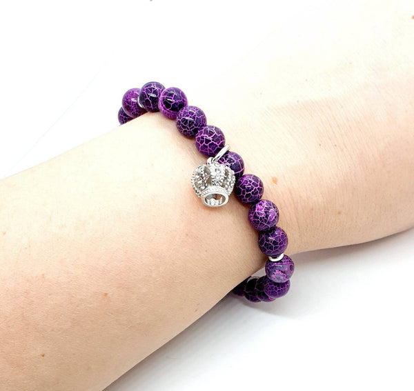 Handmade Purple Dragon Vein Agate Crystal Beaded Bracelet With Silver Crown Charm
