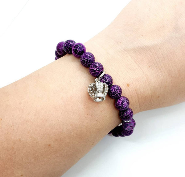 Handmade Purple Dragon Vein Agate Crystal Beaded Bracelet With Silver Crown Charm
