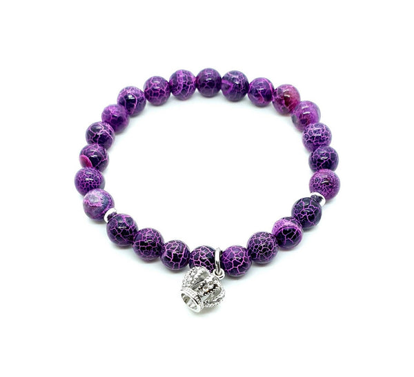 Handmade Purple Dragon Vein Agate Crystal Beaded Bracelet With Silver Crown Charm