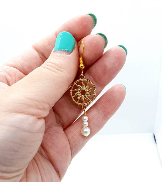 Handmade Gold Sun Earring With White Pearl Drop