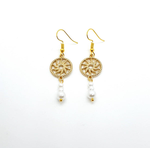 Handmade Gold Sun Earring With White Pearl Drop