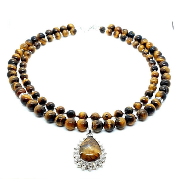 Tiger Eye Crystal Beaded Necklace With Teardrop Pendant