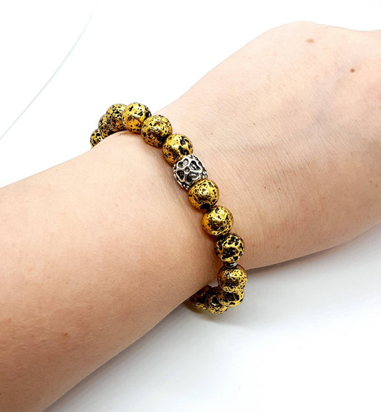 Handmade Vintage Gold Lava Rock Stone Beaded Bracelet