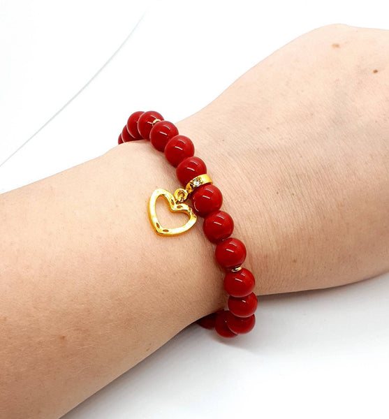 Handmade Red Coral Crystal Beaded Bracelet With Gold Heart Charm