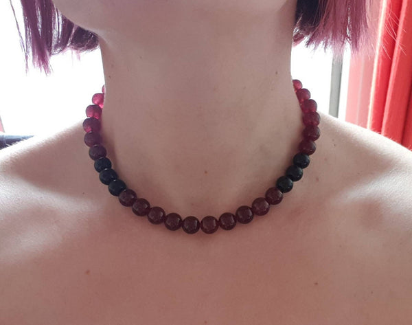Red Garnet Crystal Beaded Necklace With Black Agate Beads