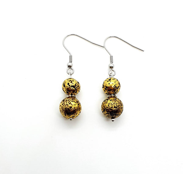 Vintage Gold Lava Rock Stone Crystal Hook Earrings