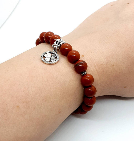 Handmade Red Jasper Crystal Beaded Bracelet With Silver Four Leaf Clover Charm