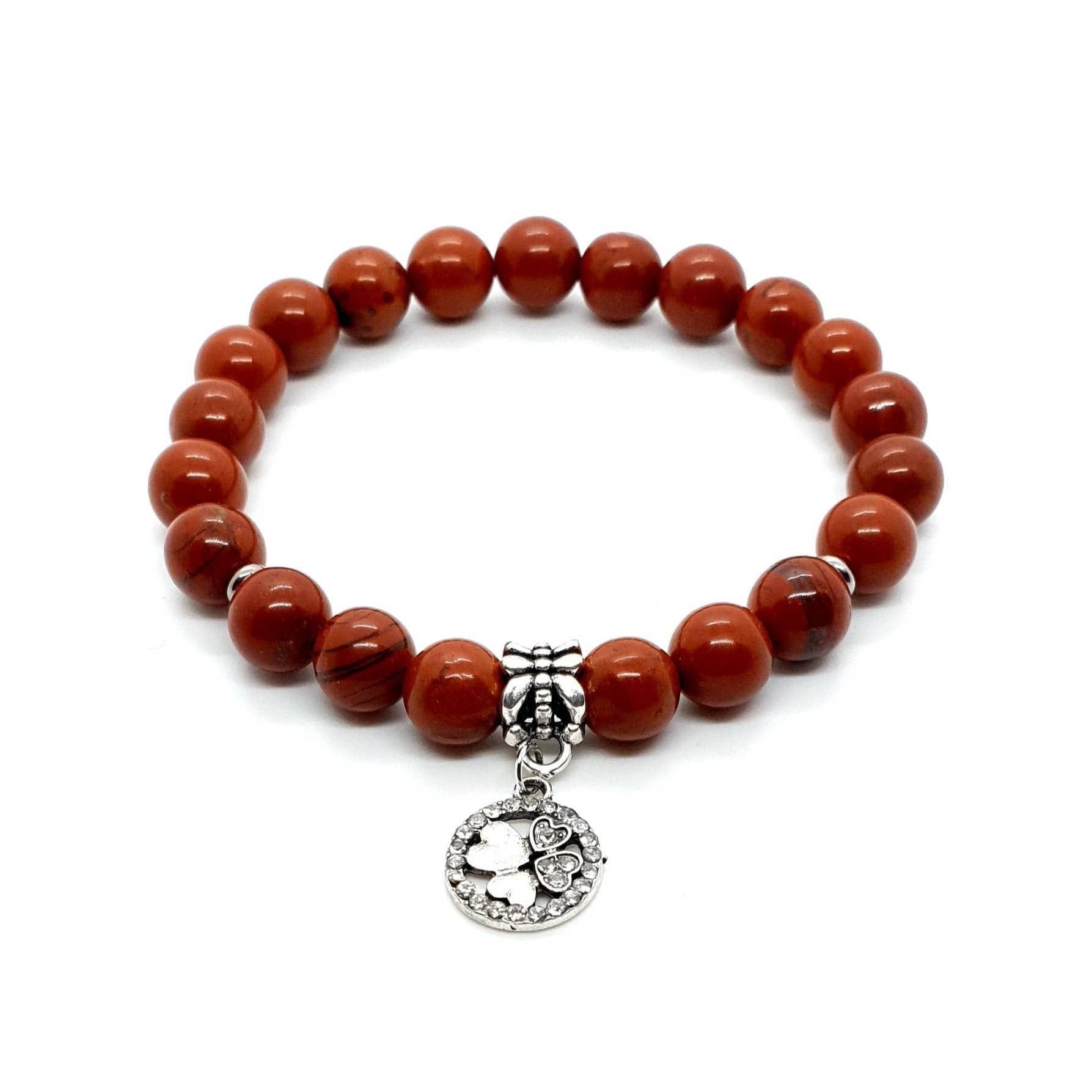 Handmade Red Jasper Crystal Beaded Bracelet With Silver Four Leaf Clover Charm