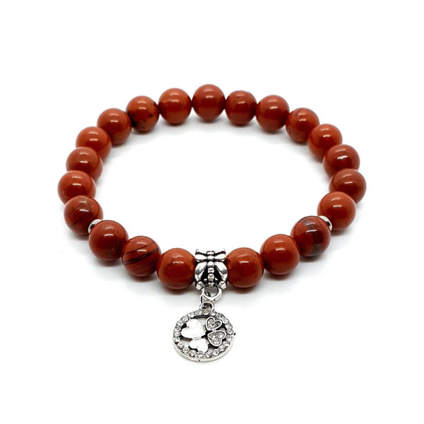 Handmade Red Jasper Crystal Beaded Bracelet With Silver Four Leaf Clover Charm