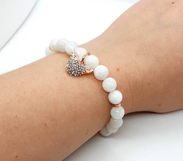 Handmade Moonstone Crystal Beaded Bracelet With Rose Gold Heart And Angel Wings
