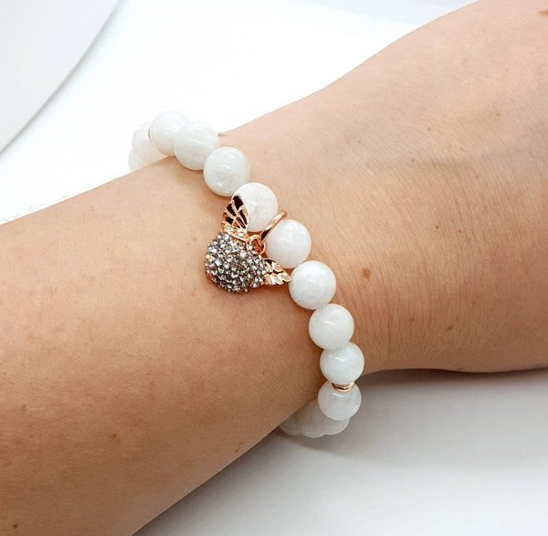 Handmade Moonstone Crystal Beaded Bracelet With Rose Gold Heart And Angel Wings