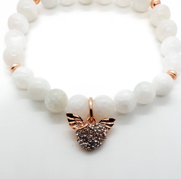Handmade Moonstone Crystal Beaded Bracelet With Rose Gold Heart And Angel Wings