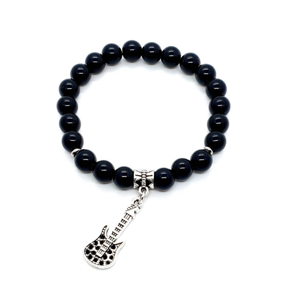 Black Beaded Bracelet With Guitar | Queebo