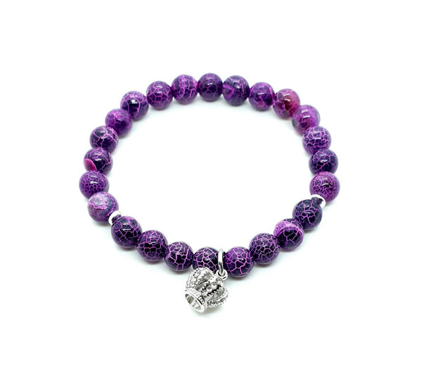 Handmade Purple Dragon Vein Agate Crystal Beaded Bracelet With Silver Crown Charm
