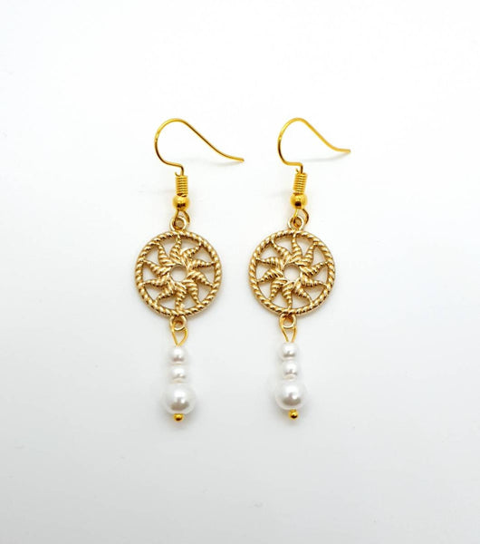 Handmade Gold Sun Earring With White Pearl Drop