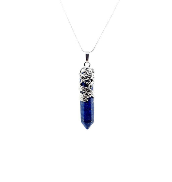 Point Blue Lapis Lazuli Crystal Necklace Pendant With Silver Dragon