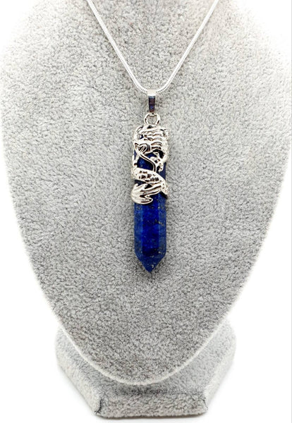 Point Blue Lapis Lazuli Crystal Necklace Pendant With Silver Dragon