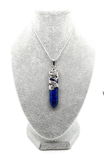 Point Blue Lapis Lazuli Crystal Necklace Pendant With Silver Dragon