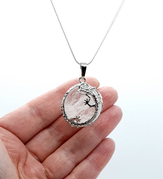 Clear Quartz Crystal Necklace Pendant With Silver Dragon
