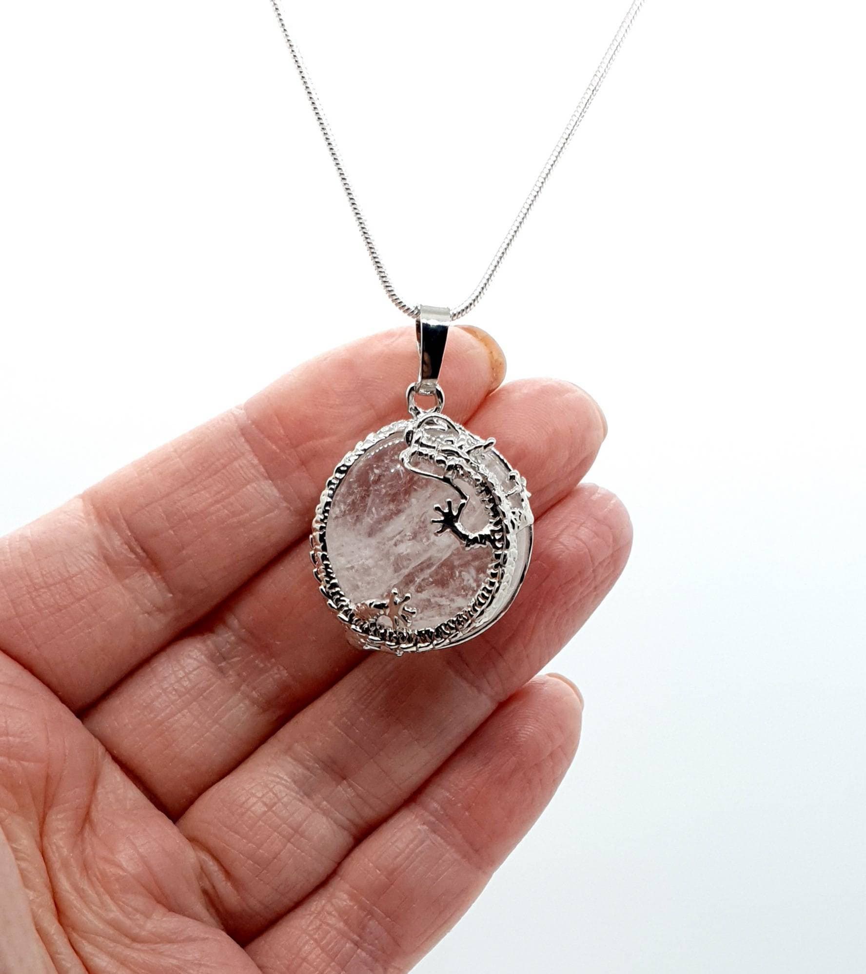 Clear Quartz Crystal Necklace Pendant With Silver Dragon