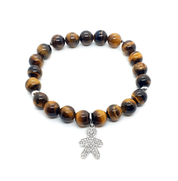Tiger Eye Crystal Beaded Bracelet With Silver Gingerbread Man