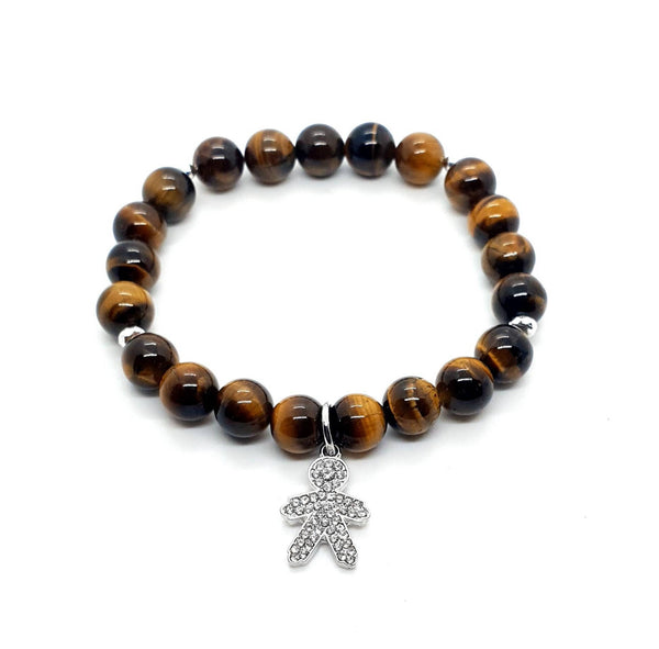 Tiger Eye Crystal Beaded Bracelet With Silver Gingerbread Man