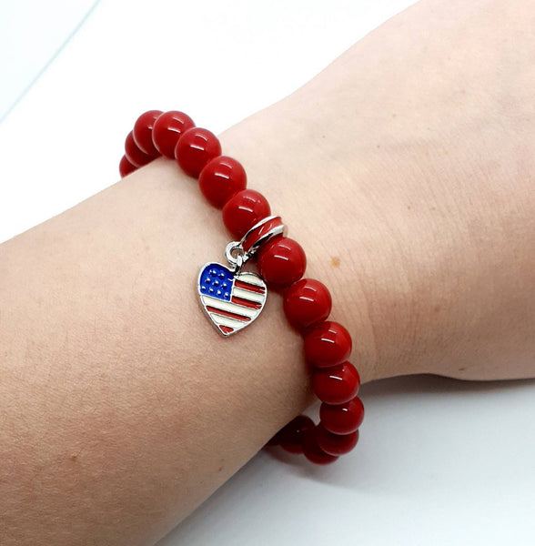 Handmade Red Coral Crystal Bracelet With United States Flag Heart