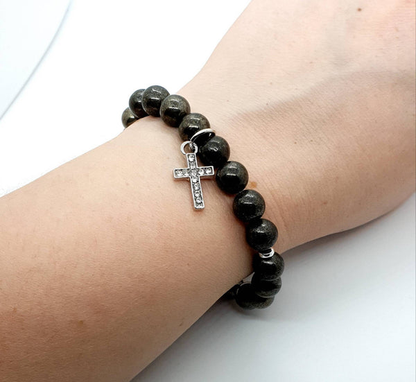 Handmade Pyrite Crystal Beaded Bracelet With Silver Cross Charm