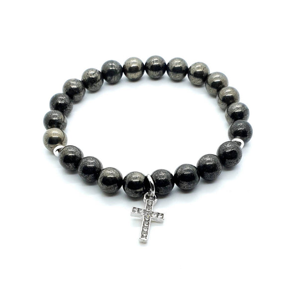Handmade Pyrite Crystal Beaded Bracelet With Silver Cross Charm