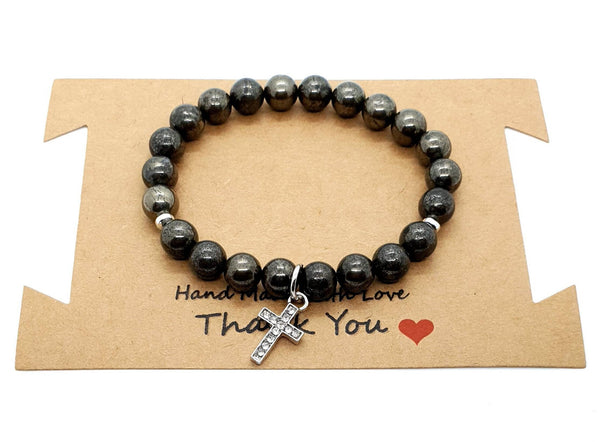 Handmade Pyrite Crystal Beaded Bracelet With Silver Cross Charm