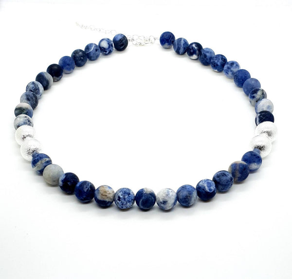 Sodalite Crystal Beaded Necklace With Silver Brass Beads