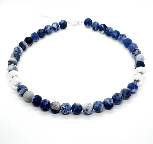 Sodalite Crystal Beaded Necklace With Silver Brass Beads