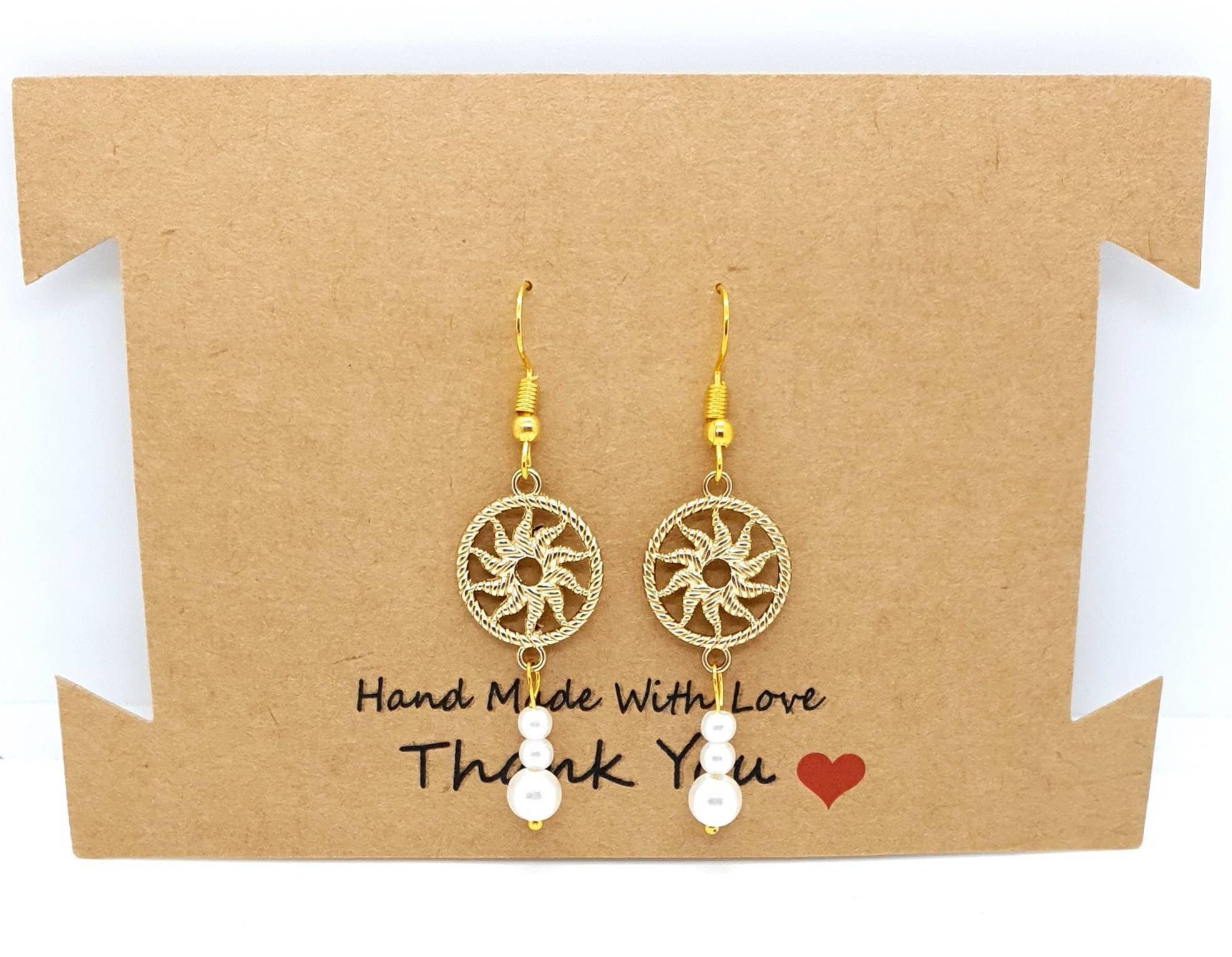 Handmade Gold Sun Earring With White Pearl Drop