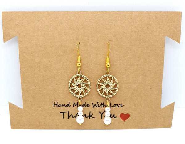 Handmade Gold Sun Earring With White Pearl Drop