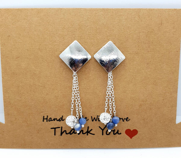Handmade Blue Sodalite Crystal Silver Square Earrings