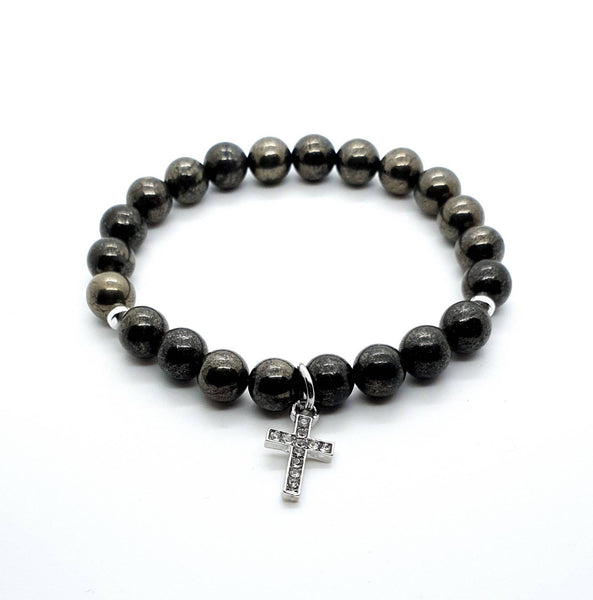 Handmade Pyrite Crystal Beaded Bracelet With Silver Cross Charm