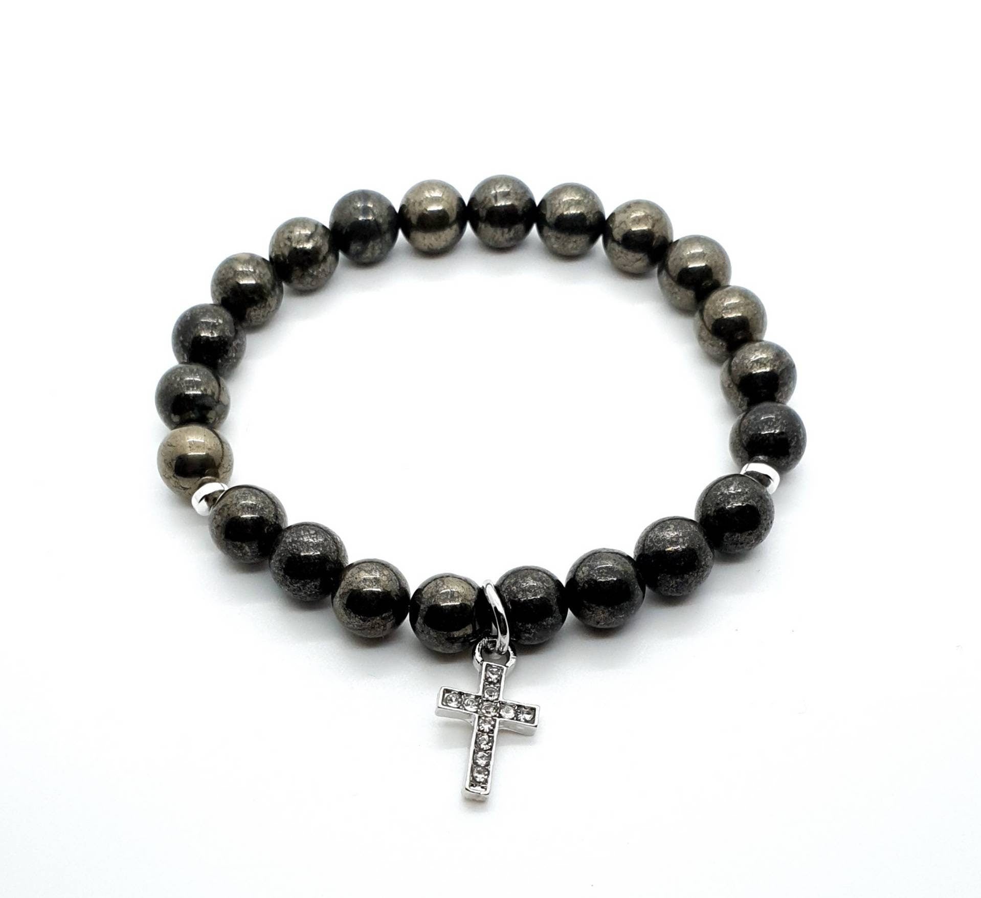 Handmade Pyrite Crystal Beaded Bracelet With Silver Cross Charm