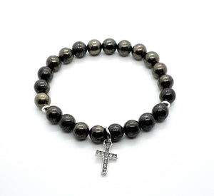 Handmade Pyrite Crystal Beaded Bracelet With Silver Cross Charm