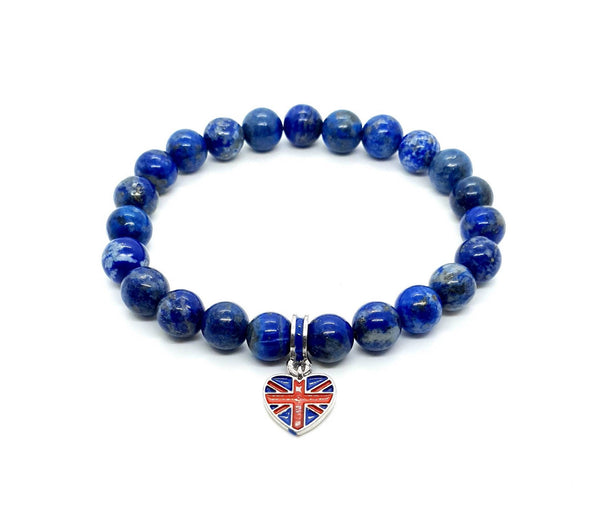 Handmade Blue Lapis lazuli crystal beaded bracelet with Union Jack heart