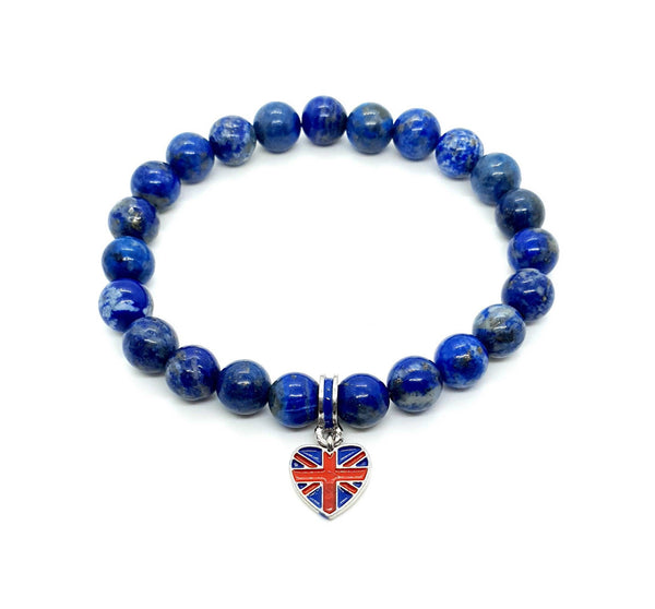 Handmade Blue Lapis lazuli crystal beaded bracelet with Union Jack heart