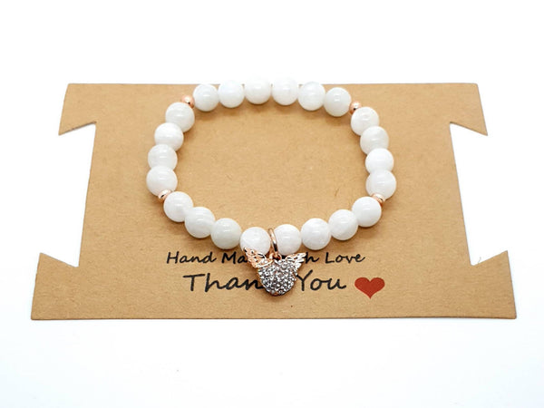 Handmade Moonstone Crystal Beaded Bracelet With Rose Gold Heart And Angel Wings