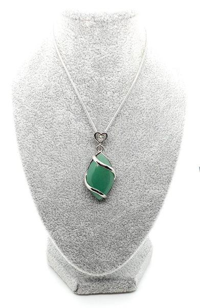 Green Aventurine Crystal Necklace Pendant With Silver Gemstone Heart